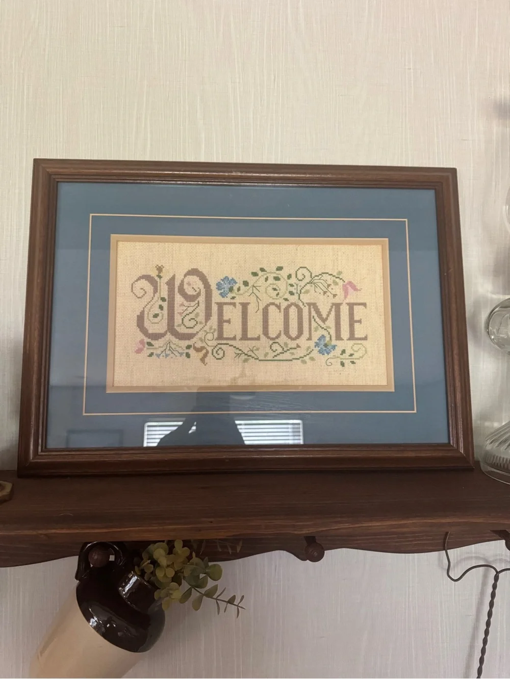 Welcome Framed Cross stitch Sampler in Blue and Beige
